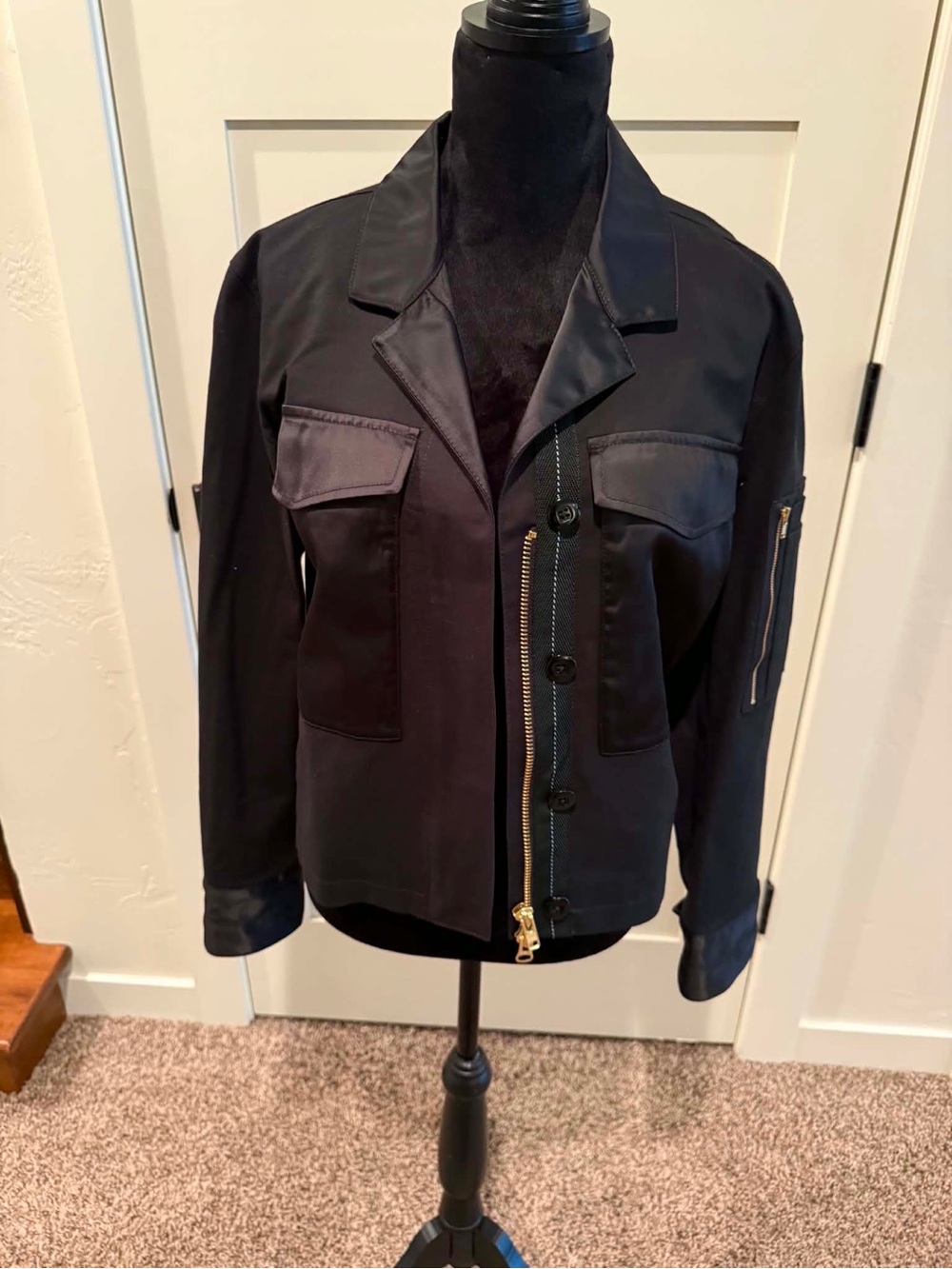 Women’s Black Military Jacket Short Length Button Zip Front Collared Pockets M